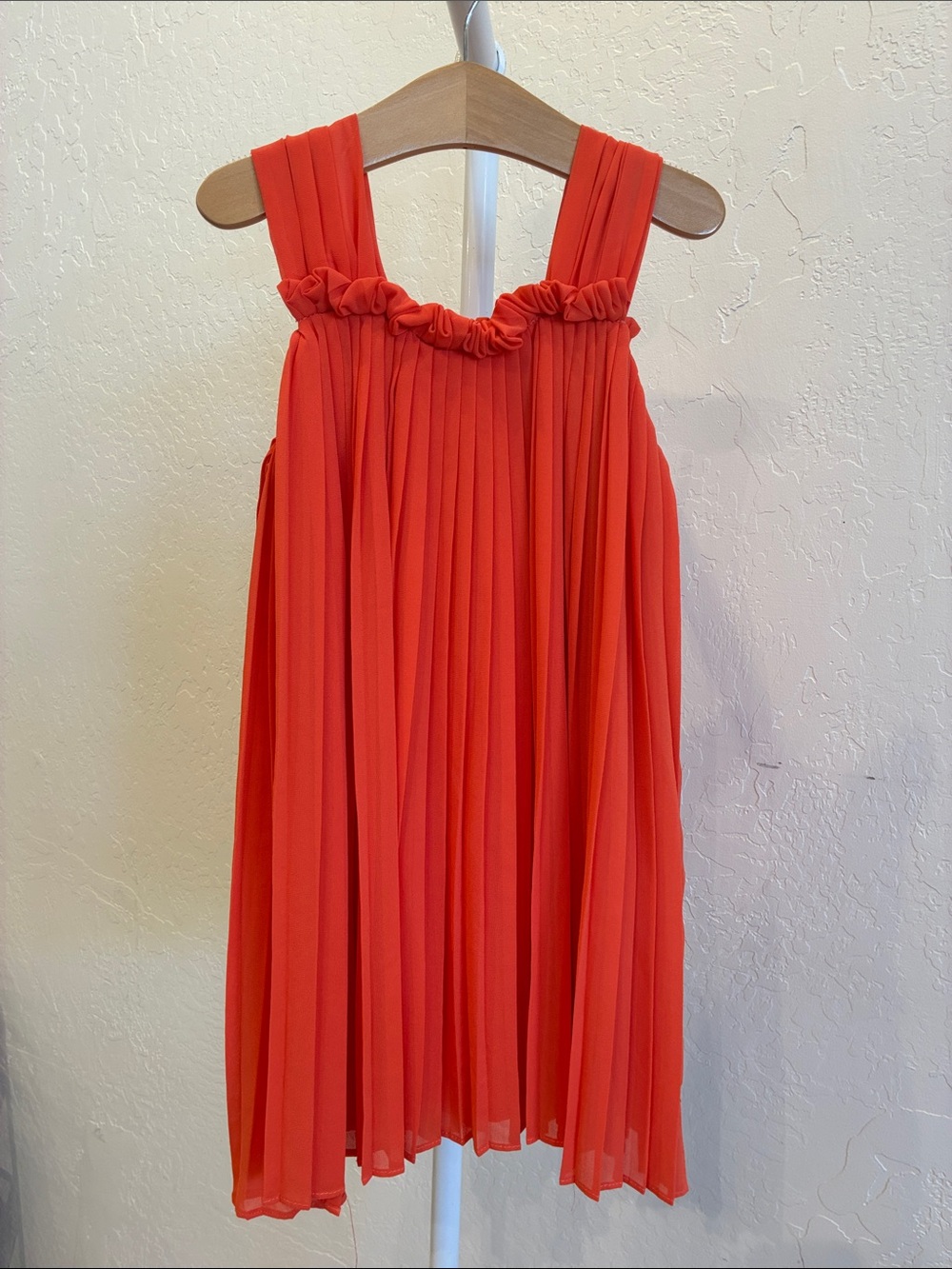 Girls Ruffled Neck Pleated Dress in Coral Red
